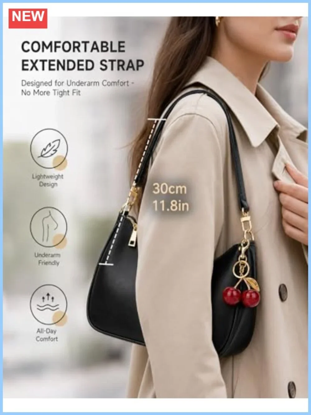 PU Leather Hobo Shoulder Bag with Strap Cherry Charm Women Handbag